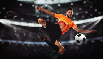 Soccer striker hits the ball with an acrobatic kick in the air at the stadium photo