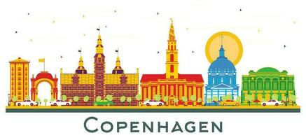 Copenhague Dinamarca ciudad horizonte con color edificios aislado en blanco. vector