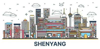 Outline Shenyang China City Skyline with Colored Modern and Historic Buildings Isolated on White. vector