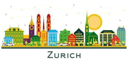 Zurich Switzerland City Skyline with Color Buildings Isolated on White. vector