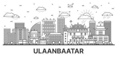 Outline Ulaanbaatar Mongolia City Skyline with Modern and Historic Buildings Isolated on White. vector