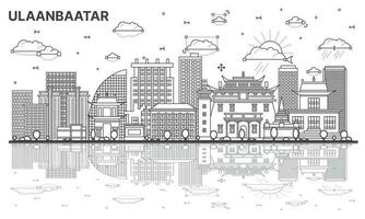 Outline Ulaanbaatar Mongolia City Skyline with Historic Buildings and Reflections Isolated on White. vector