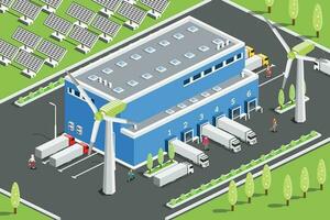 Isometric Distribution Logistic Center with Solar Panels and Wind Turbines. Green Eco Friendly House. vector