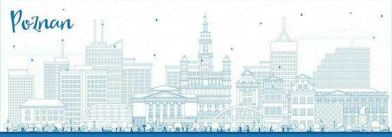 Outline Poznan Poland City Skyline with Blue Buildings. vector