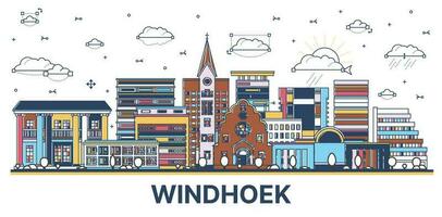 Outline Windhoek Namibia City Skyline with Colored Modern and Historic Buildings Isolated on White. vector