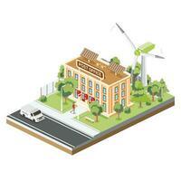 Isometric Post Office Building with Solar Panels and Wind Turbines Isolated on White. vector