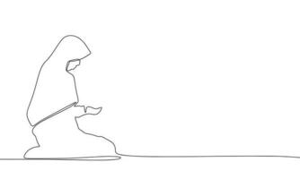 Woman on her knees asking for money. One line continuous concept poverty banner. Line art vector illustration. Outline silhouette with copy space.