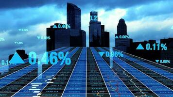 a cityscape with a stock market graph showing investment data profits infographic statistic video