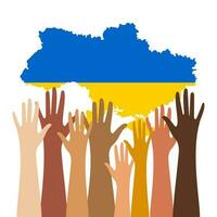 The hands of people of different nationalities support Ukraine. Map of Ukraine in national flan colors on a white background. Vector. vector