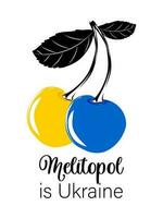 Yellow and blue sweet cherries with leaves on a white background with the text Melitopol is Ukraine. Vector. vector