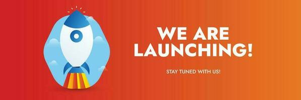 We are launching soon. Startup rocket launch with fire. New business announcement cover featuring a rocket launching with fire. We are coming. Join now to learn more. Banner for company launch. Vector