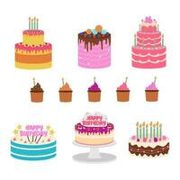 Nine birthday cake set colorful objects in flat elements style vector