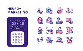 Neuromarketing gradient fill desktop icons. Consumer neuroscience. Effective marketing campaign. Pixel perfect 128x128, outline 4px. Colorful editable line symbols set. Vector isolated RGB elements