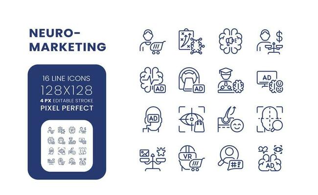 Neuromarketing linear desktop icons set. Consumer neuroscience. Effective marketing campaign. Pixel perfect 128x128, outline 4px. Isolated user interface elements pack for website. Editable stroke