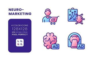 Neuro marketing gradient fill desktop icons. Neuromarketing research. Cognitive science. Pixel perfect 128x128, outline 4px. Colorful editable line symbols set. Vector isolated RGB elements