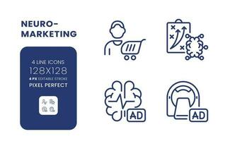 Neuro marketing linear desktop icons set. Neuromarketing research. Cognitive science. Pixel perfect 128x128, outline 4px. Isolated user interface elements pack for website. Editable stroke vector