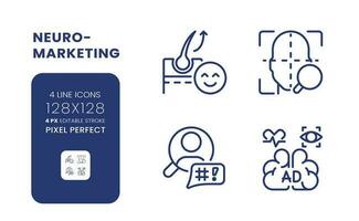 Neuromarketing linear desktop icons set. Marketing research. Customers preferences. Pixel perfect 128x128, outline 4px. Isolated user interface elements pack for website. Editable stroke vector