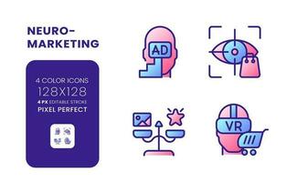 Neuromarketing gradient fill desktop icons. Consumer neuroscience. Advertising message. Pixel perfect 128x128, outline 4px. Colorful editable line symbols set. Vector isolated RGB elements