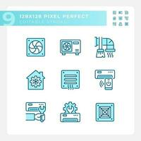 Heating and cooling light blue icons. Ventilation system. Air conditioner. Temperature control. RGB color. Website icons set. Simple design element. Contour drawing. Line illustration vector