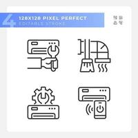 Ac maintenance linear icons set. Air conditioner repair. Hvac service. Heating system. Home appliance. Customizable thin line symbols. Isolated vector outline illustrations. Editable stroke