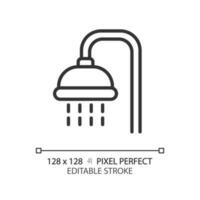 Shower pixel perfect linear icon. Public bathroom for visitors. Body washing equipment. Personal hygiene. Thin line illustration. Contour symbol. Vector outline drawing. Editable stroke