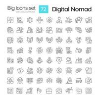 Digital nomad linear icons set. Working on computer. Remote work. Professional freelancer. Laptop lifestyle. Customizable thin line symbols. Isolated vector outline illustrations. Editable stroke