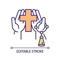 Hands with cross and beads RGB color icon. Accessories of Christian prayer. Religious practices items. Church service. Isolated vector illustration. Simple filled line drawing. Editable stroke