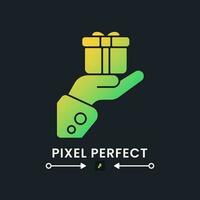 Present giving yellow solid gradient desktop icon on black. Gift sharing. Special occasion. Gesture of appreciation. Pixel perfect, outline 2px. Glyph pictogram for dark mode. Isolated vector image