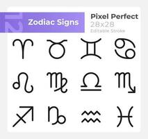 Astrological signs pixel perfect minimalistic linear icons set. Customizable thin line symbols. Isolated vector outline illustrations. Editable stroke