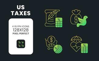 US taxes yellow solid gradient desktop icons. Fiscal responsibilities. Government revenue. Pixel perfect 128x128, outline 2px. Glyph pictograms kit for dark theme. Isolated vector images