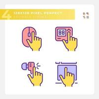 Yellow hands pressing keys on devices RGB color icons set. Electronic gadgets usage. Equipment control opportunities. Isolated vector illustrations. Simple filled line drawings collection