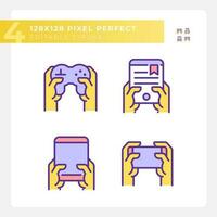 Yellow hands with amusing gadgets RGB color icons set. Digital devices for entertainment. Electronics development. Isolated vector illustrations. Simple filled line drawings collection