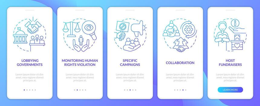 Forms of advocacy blue gradient onboarding mobile app screen. Legal support walkthrough 5 steps graphic instructions with linear concepts. UI, UX, GUI template vector