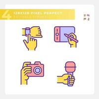 Yellow hands with different devices RGB color icons set. Digital technology for businesses. Gadget usage purposes. Isolated vector illustrations. Simple filled line drawings collection