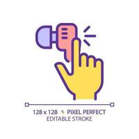 Yellow hand with earphone RGB color icon. Finger tapping key on audio device. Wireless gadget for music listening. Listening music. Isolated vector illustration. Simple filled line drawing