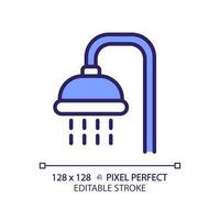 Shower pixel perfect RGB color icon. Public bathroom for visitors. Body washing equipment. Personal hygiene. Isolated vector illustration. Simple filled line drawing. Editable stroke