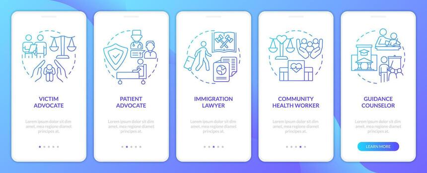 Careers in advocacy blue gradient onboarding mobile app screen. Lawyer jobs walkthrough 5 steps graphic instructions with linear concepts. UI, UX, GUI template vector