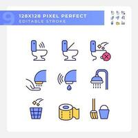 Public toilets service pixel perfect RGB color icons set. Restrooms using rules. Conveniences for guests. Isolated vector illustrations. Simple filled line drawings collection. Editable stroke