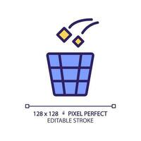 Throw rubbish pixel perfect RGB color icon. Use litter bin in toilet room. Put garbage in container. Remove rubbish. Isolated vector illustration. Simple filled line drawing. Editable stroke