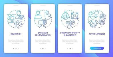 Effective advocate traits blue gradient onboarding mobile app screen. Law walkthrough 4 steps graphic instructions with linear concepts. UI, UX, GUI template vector