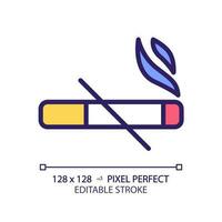 No smoking pixel perfect RGB color icon. Cigarettes ban sign. Important rule of toilet room usage. Fresh air condition. Isolated vector illustration. Simple filled line drawing. Editable stroke