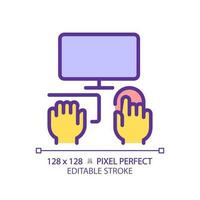 Yellow hands with computer RGB color icon. Person working on PC. Electronic equipment for work and hobby. Typing on keyboard. Isolated vector illustration. Simple filled line drawing