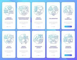 Forms and careers in advocacy blue gradient onboarding mobile app screens set. Walkthrough 5 steps graphic instructions with linear concepts. UI, UX, GUI template vector
