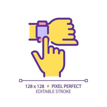 amarillo mano con inteligente reloj rgb color icono. digital reloj de pulsera con útil accesorios. personal dispositivo hora controlar y comunicación. aislado vector ilustración. sencillo lleno línea dibujo