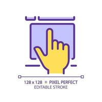 Yellow hand with touchpad device RGB color icon. Finger touching controller surface. Digital technology development. Tablet computer. Isolated vector illustration. Simple filled line drawing