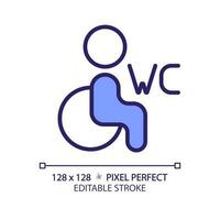 Accessible toilet pixel perfect RGB color icon. Restroom for disabled guests. Special conveniences in water closet. Isolated vector illustration. Simple filled line drawing. Editable stroke