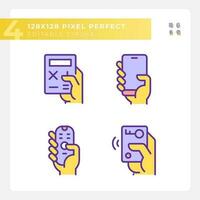 Yellow hands with mobile devices RGB color icons set. Appliances for control and communication. Personal gadgets. Isolated vector illustrations. Simple filled line drawings collection