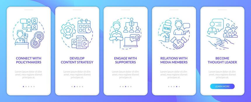 Social media features for advocacy blue gradient onboarding mobile app screen. Walkthrough 5 steps graphic instructions with linear concepts. UI, UX, GUI template vector