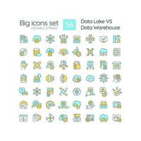 Data lake vs data warehouse RGB color icons set. Digital repository. Storage providing service. Isolated vector illustrations. Simple filled line drawings collection. Editable stroke