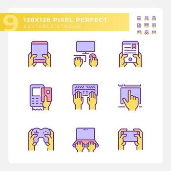 Yellow hands using electronic gadgets RGB color icons set. Technology of business and entertainment. Hardware user. Isolated vector illustrations. Simple filled line drawings collection